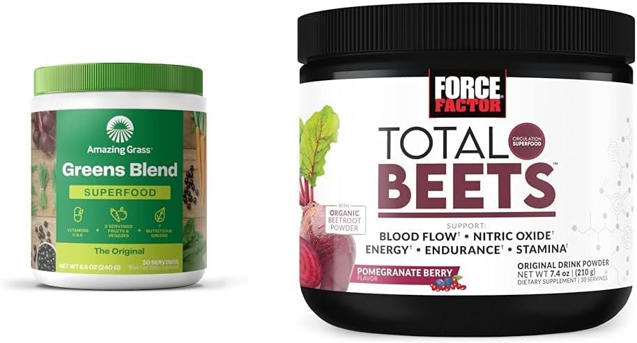 Amazing Grass Greens Blend Superfood: Super Greens Powder Smoothie Mix for Boost Energy  Force Factor Total Beets Drink Mix Superfood Powder with Nitrates to Support Circulation,Blood Flow
