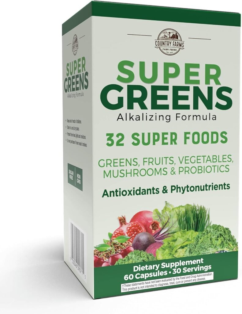 COUNTRY FARMS Super Greens Vegicaps, 32 Super Foods, Whole Food Supplement, Greens, Fruit, Vegetables, Mushrooms  Probiotics, Rich in Antioxidants  Phytonutrients, 60 Count, 30 Servings