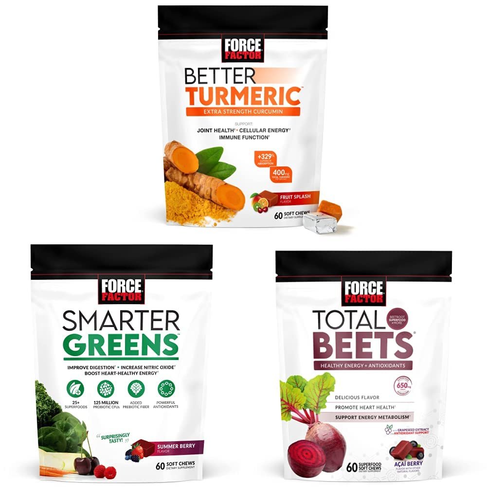 Force Factor Better Turmeric Joint Support Supplement  Smarter Greens Superfood Chews, 60 Soft Chews  Total Beets Soft Chews, 60 Chews