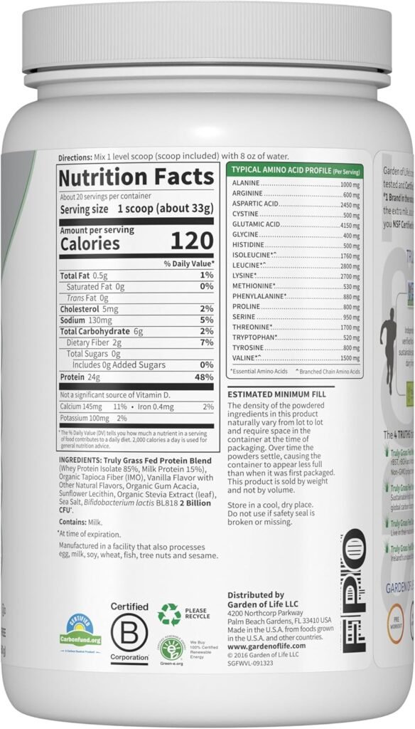 Garden of Life SPORT Whey Protein Powder Vanilla., Premium Grass Fed Whey Protein Isolate plus Probiotics for Immune System Health, 24g Protein, Non GMO, Gluten Free., Cold Processed - 20 Servings