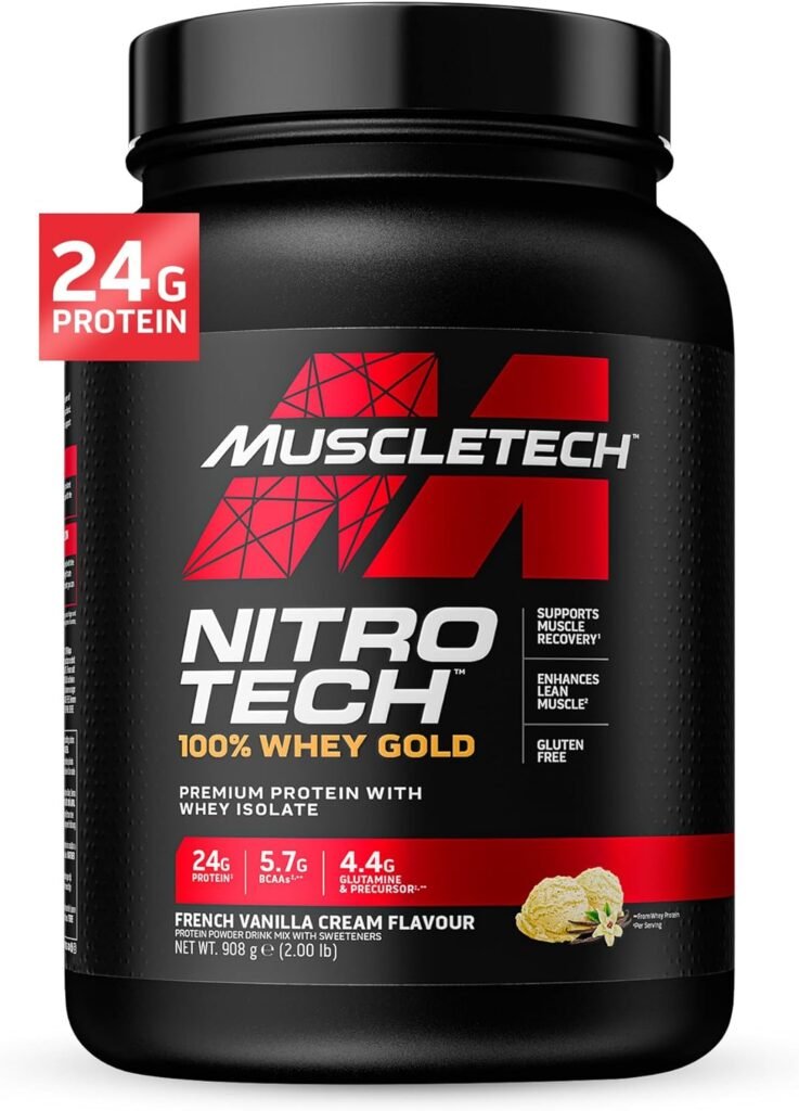 Muscletech Whey Protein Powder (French Vanilla Cream, 2LB) - Nitro-Tech Whey Protein Isolate Smoothie Mix for Lean Muscle  Fast Recovery - 24g of Whey Gold Protein for Women  Men - Gluten-Free