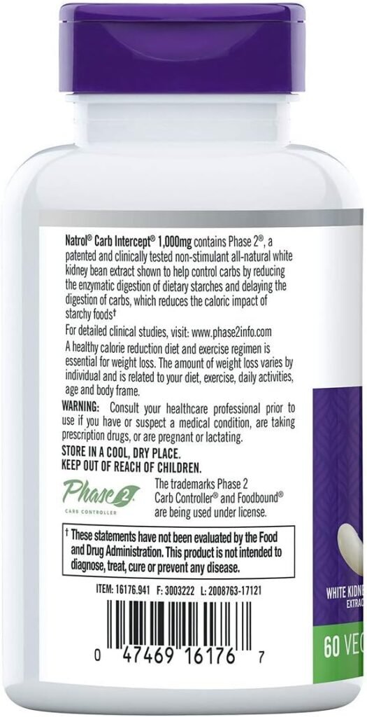 Natrol Carb Intercept with Phase 2 Carb Controller Capsules, White kidney bean extract, Helps control carbs, Helps metabolize fats, Clinically tested, Promotes healthy body weight, 1,000mg, 120 Count