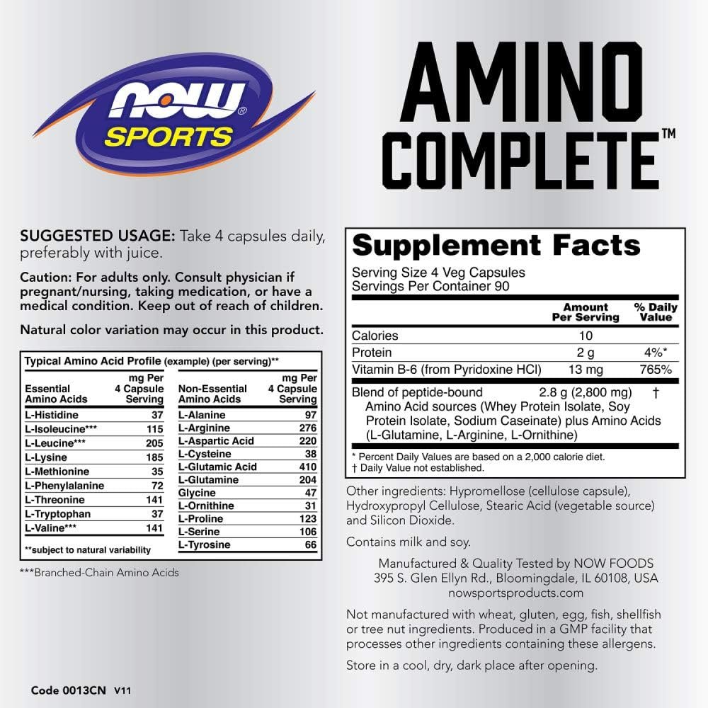 NOW Sports Nutrition, Amino Complete™, Protein Blend With 21 Aminos and B-6, 120 Veg Capsules