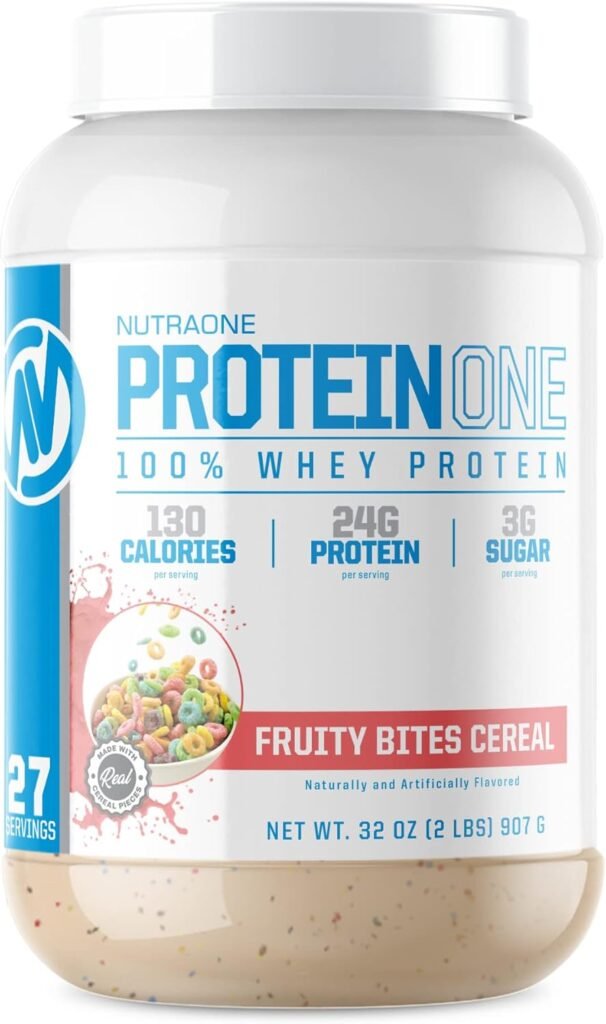 NutraOne ProteinOne Whey Protein Promote Recovery and Build Muscle with a Protein Shake Powder for Men  Women (Fruity Bites Cereal - 2 lbs.)