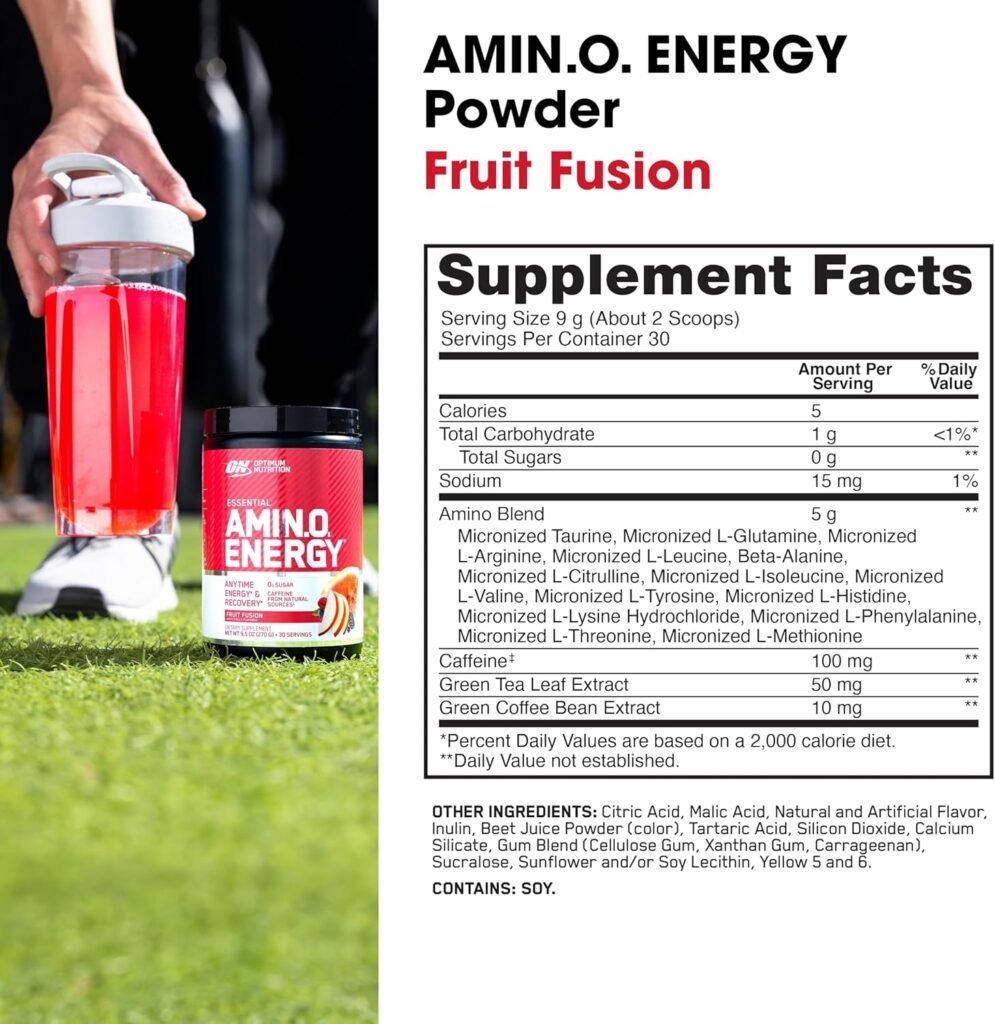 Optimum Nutrition Amino Energy - Pre Workout with Green Tea, BCAA, Amino Acids, Keto Friendly, Green Coffee Extract, Energy Powder - Concord Grape, 30 Servings