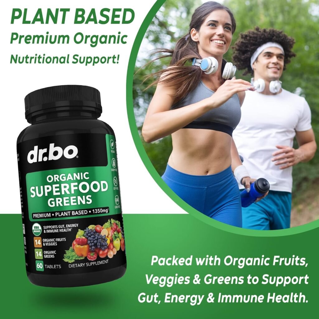 Organic Superfood Greens  Fruit Supplements - Energy Super Food Fruits and Veggies Supplement Tablets - Daily Green Veggie Powder Blend Plus Vegetable Foods Alfalfa, Spinach, Cabbage  Spirulina Tabs