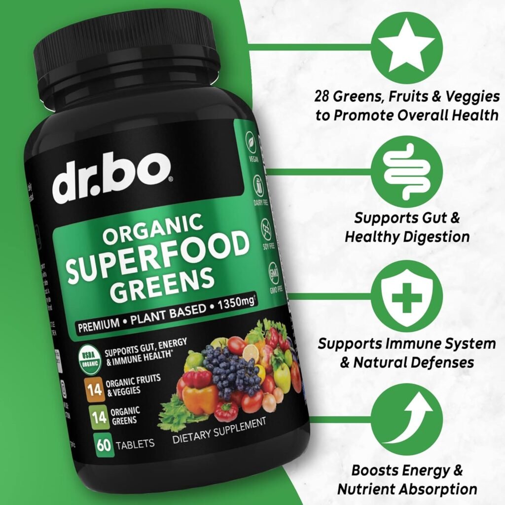 Organic Superfood Greens  Fruit Supplements - Energy Super Food Fruits and Veggies Supplement Tablets - Daily Green Veggie Powder Blend Plus Vegetable Foods Alfalfa, Spinach, Cabbage  Spirulina Tabs