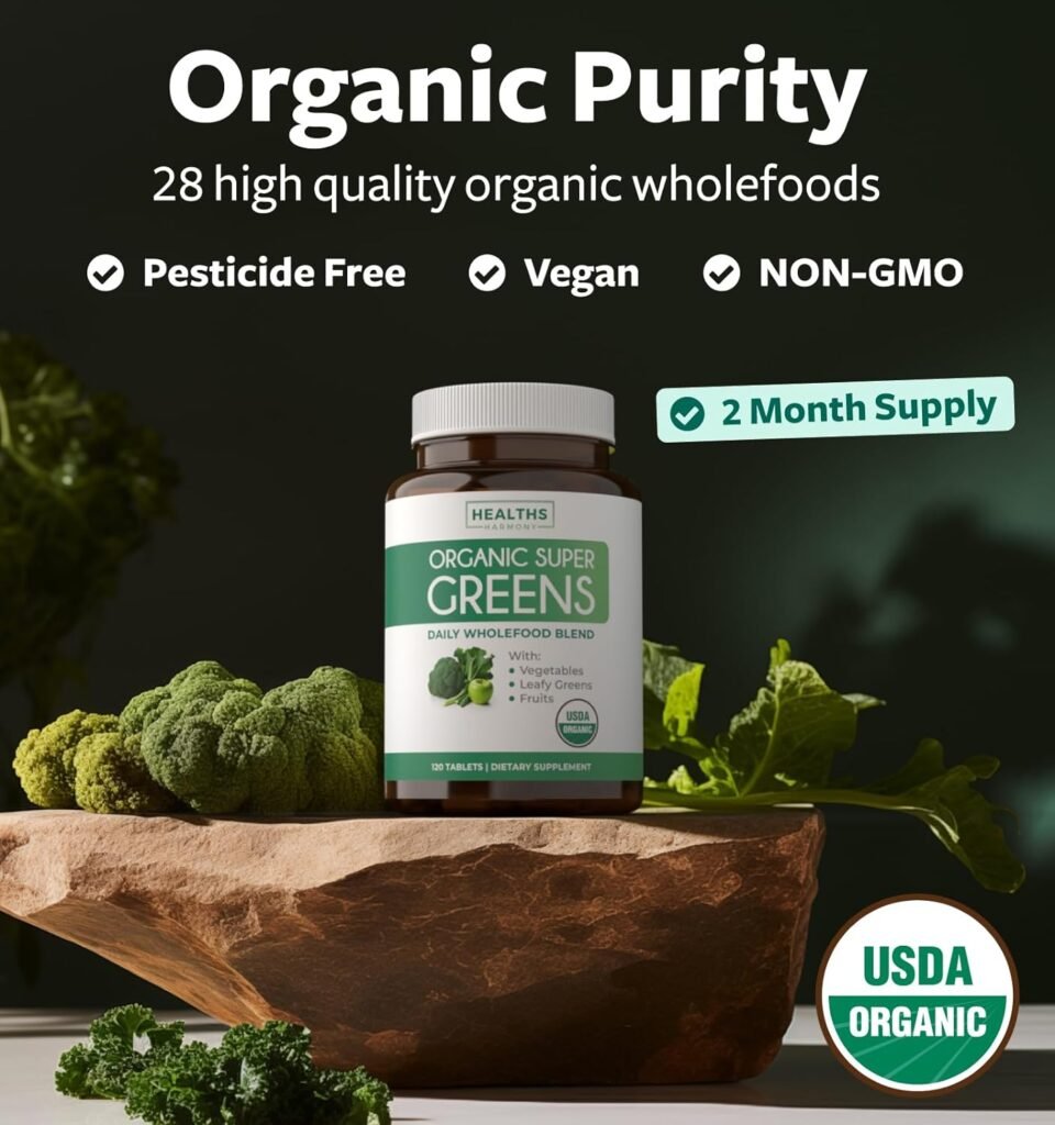 USDA Organic Greens Powder (120 Tablets) Convenient Pills - Complete Superfood Supplement with 28 Fruits  Vegetables - Super Antioxidants, Energy, Gut Health, and Immune Support (No Capsules)