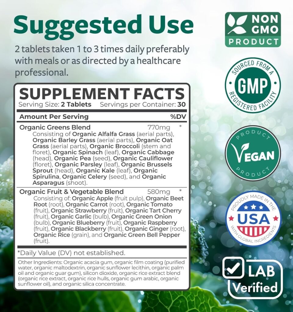 USDA Organic Greens Powder (120 Tablets) Convenient Pills - Complete Superfood Supplement with 28 Fruits  Vegetables - Super Antioxidants, Energy, Gut Health, and Immune Support (No Capsules)