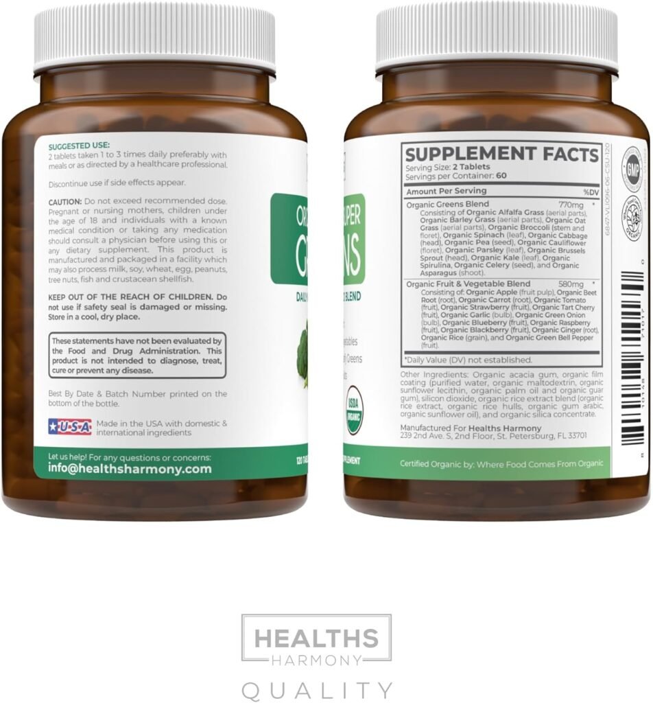 USDA Organic Greens Powder (120 Tablets) Convenient Pills - Complete Superfood Supplement with 28 Fruits  Vegetables - Super Antioxidants, Energy, Gut Health, and Immune Support (No Capsules)