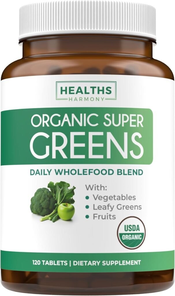 USDA Organic Greens Powder (120 Tablets) Convenient Pills - Complete Superfood Supplement with 28 Fruits  Vegetables - Super Antioxidants, Energy, Gut Health, and Immune Support (No Capsules)