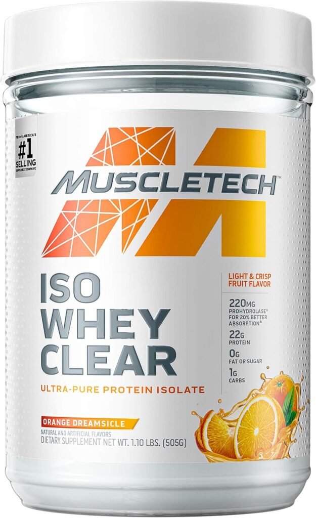 Whey Protein Powder MuscleTech Clear Whey Protein Isolate Whey Isolate Protein Powder for Women  Men Clear Protein Drink 22g of Protein, 90 Calories Orange Dreamsicle, 1.1lb (19 Servings)