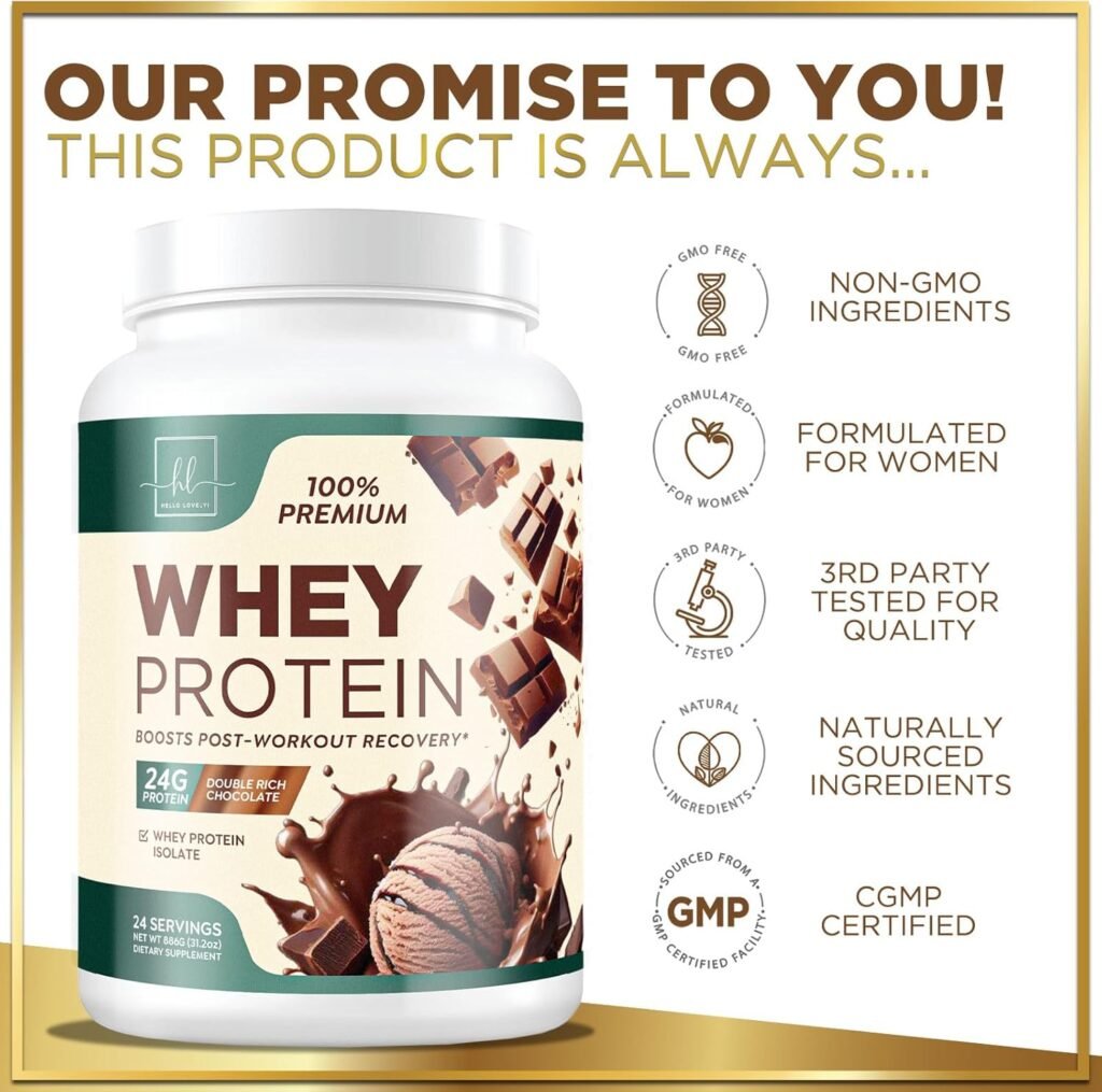 Whey Protein Powder, Rich Double Chocolate Whey Isolate with 24g Protein  BCAAs - Support Muscle Growth, Recovery  Fitness - Gluten Free, Fast Absorbing, Easy Digesting for Women  Men - 24 Servings