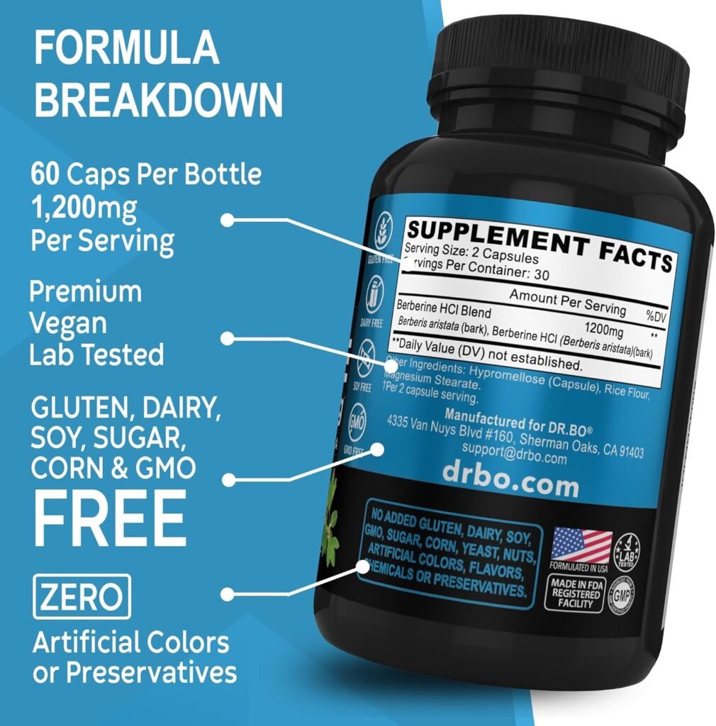 Berberine Supplement Capsules - 1200mg Berberine HCL Supplement for Healthy Metabolic Support - Premium Berberine HCL 600mg Per Capsule, Pure Berberine 1200mg Supplements for Women  Men - 60 Pills