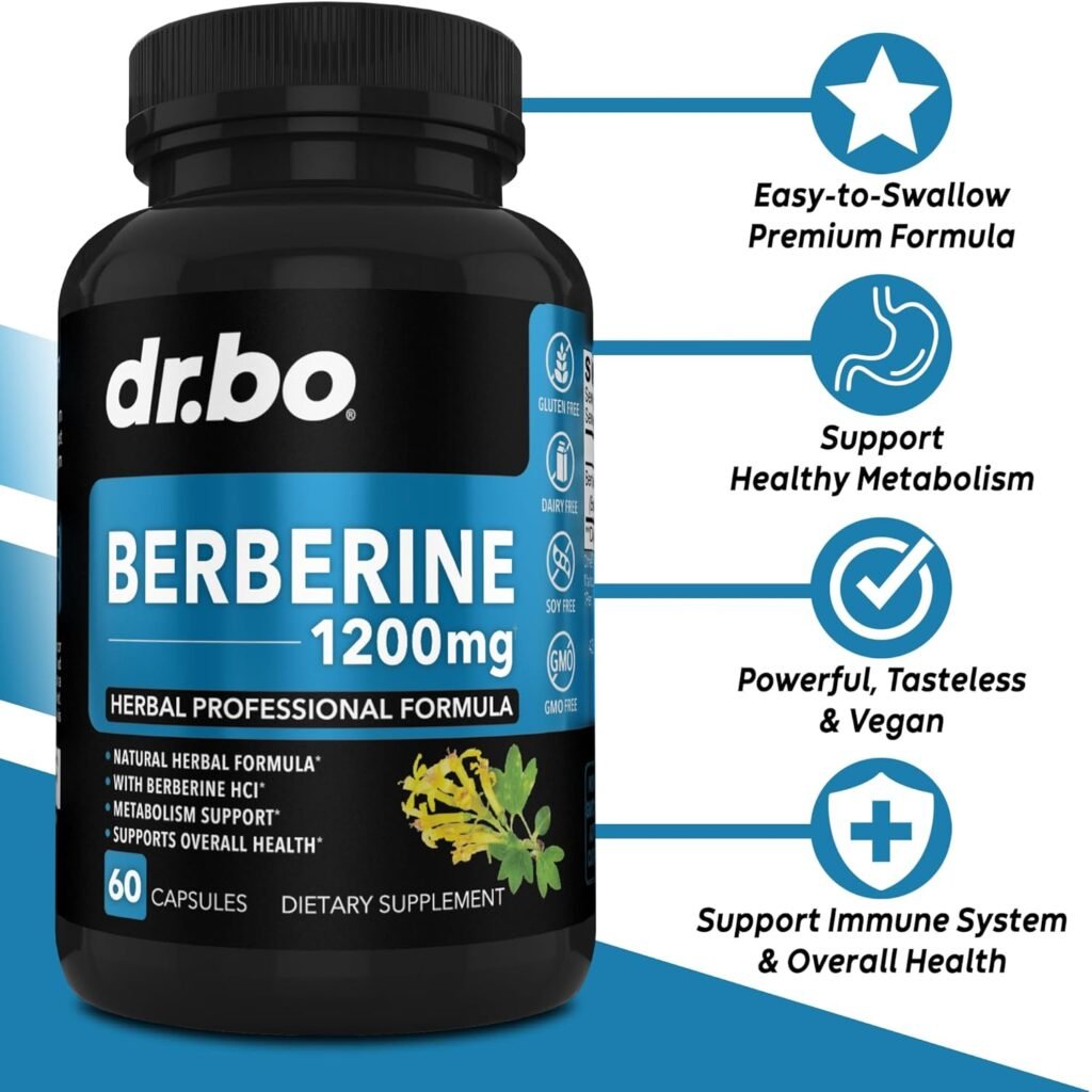 Berberine Supplement Capsules - 1200mg Berberine HCL Supplement for Healthy Metabolic Support - Premium Berberine HCL 600mg Per Capsule, Pure Berberine 1200mg Supplements for Women  Men - 60 Pills