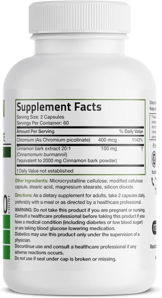 Bronson Cinnamon Plus Chromium Picolinate Supplement, High Potency Chromium, Non-GMO, 60 Vegetarian Capsules