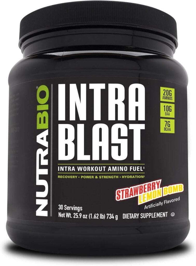 NutraBio Intra Blast BCAA EAA Electrolyte and Hydration Powder - Amino Acid Supplement, EAA/BCAA Powder - Non-GMO and Gluten Free - Strawberry Lemon Bomb - 30 Servings