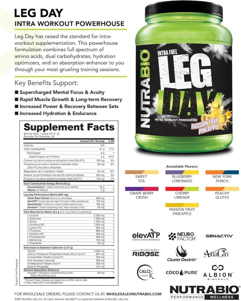 NutraBio Leg Day Intra Carb Supplement – Advanced Carbohydrate Complex – Amino Acid EAA/BCAA Formula – Electrolyte Blend for Recovery and Performance, New York Punch, 20 Servings